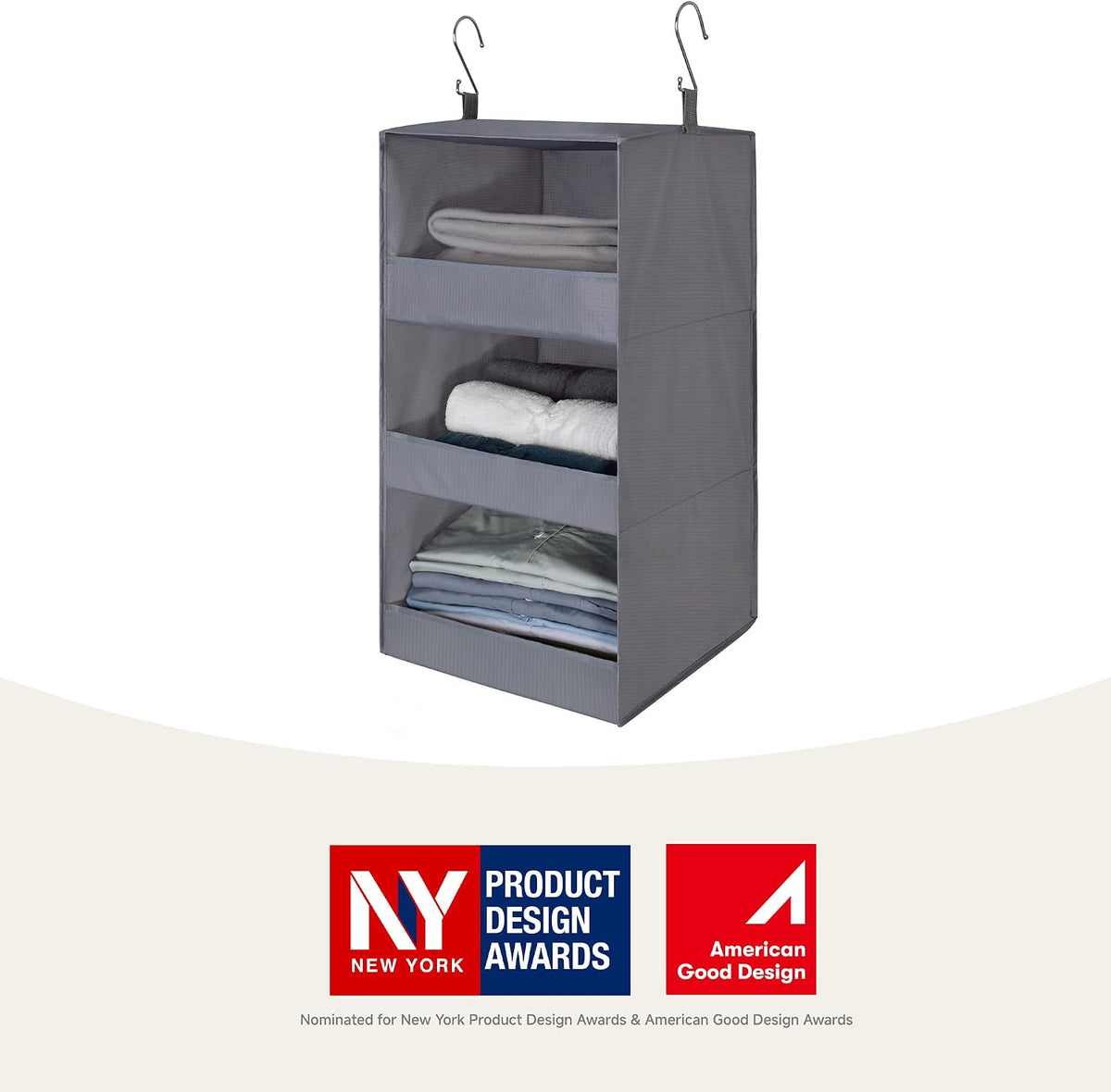 granny says 3-shelf hanging closet organizer, foldable storage, side view