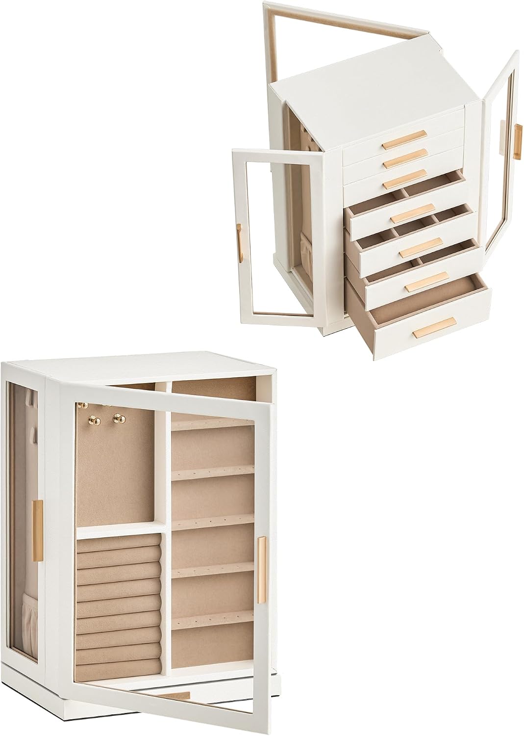 glimmloop 360° rotating jewelry box with 7 drawers on a desk or shelf