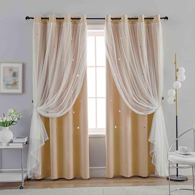 Anytime Romantic Kids Curtain, Hollow-Out Stars Window Curtain Double Layer by Anytime