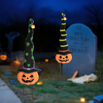 2 Pack Halloween/Thanksgiving Garden Decorations, Metal Jack-O-Lantern Yard Stakes with Witch Hats, Scary Yard Sign Outdoor Lawn Decor, Metal Pumpkin Art Garden Stake,Garden Sculpture Ornament