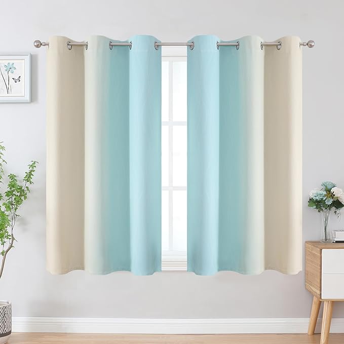 Estelar Textiler Beige and Aqua Ombre Blackout Curtains 54 Inch Length 2 Panels - Image 2