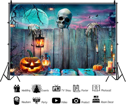 Renaiss 10x8ft Halloween Backdrop Skeleton Pumpkin Lantern Wooden Spooky Night Party Photography Background Ghost Wood Wall Halloween Party Decor Banner Horror Skull Halloween Photo Booth Props