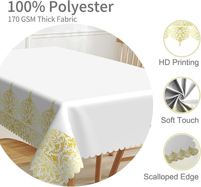 52x70inches White Rectangle Table Cloth Gold Floral Border Printed Decorative - Image 3
