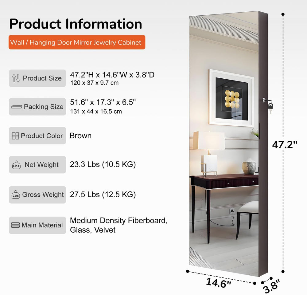 GISSAR Full Length Mirror Jewelry Cabinet, 6 LEDs Jewelry Armoire Wall Mounte...