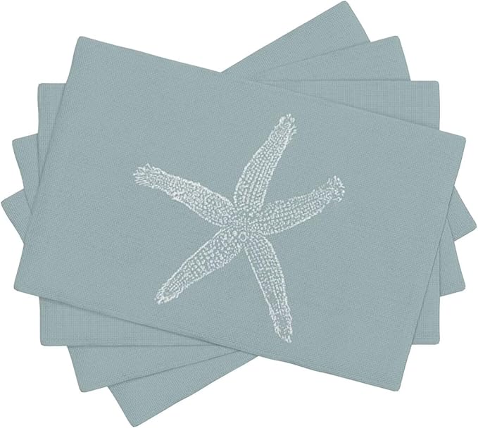 Summer Coastal Placemats Set of 4, Beach Theme Ocean Seafoam Blue Starfish - Image 2