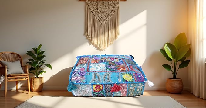 CRAFT KALA Indian Square Patchwork Traditional Pouf Cover Indian Living Room - Image 3