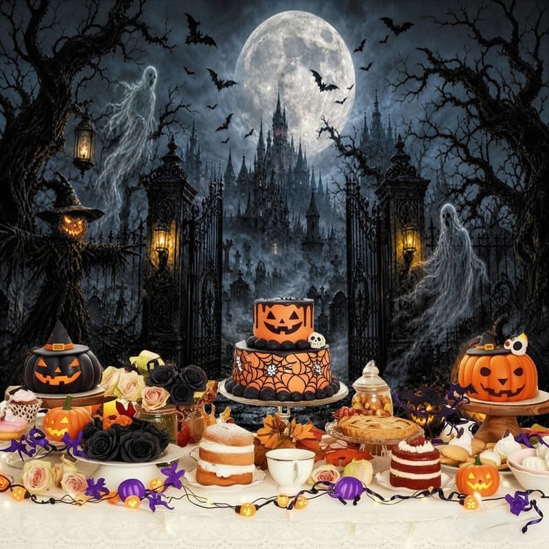 Halloween Graveyard Castle Backdrop 10x8ft, Spooky Ghost Pumpkin Gothic Haunted House Photography Background, Full Moon Night Bat Scarecrow Banner, Horror Halloween Party Decor Photo Booth Props