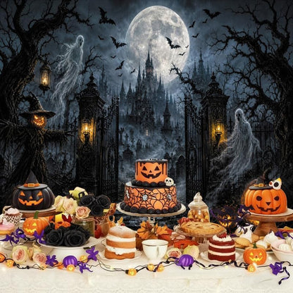 Halloween Graveyard Castle Backdrop 10x8ft, Spooky Ghost Pumpkin Gothic Haunted House Photography Background, Full Moon Night Bat Scarecrow Banner, Horror Halloween Party Decor Photo Booth Props