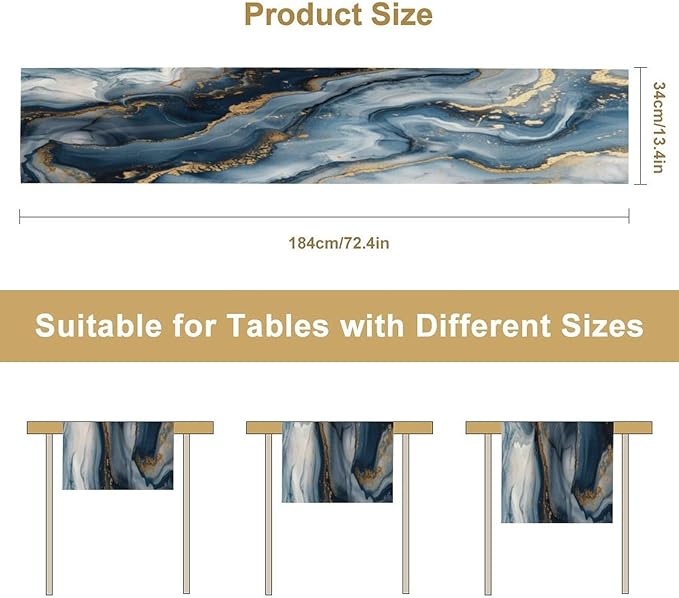 Marble Print Table Runner, Modern Blue Gold Abstract Table Runner - Image 3
