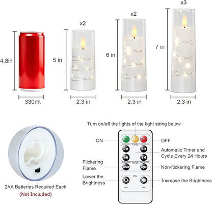 Raycare Flameless Candle with Remote Timer, 7 Flickering Acrylic Battery Operated LED Pillar Candles with Embedded Star String for Halloween, Home Decor, and as a Gift(White) (7 Pack)