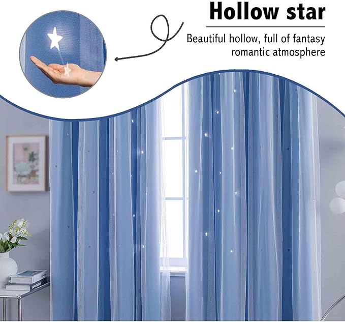 Anytime Romantic Kids Curtain, Hollow-Out Stars Window Curtain Double Layer - Image 6