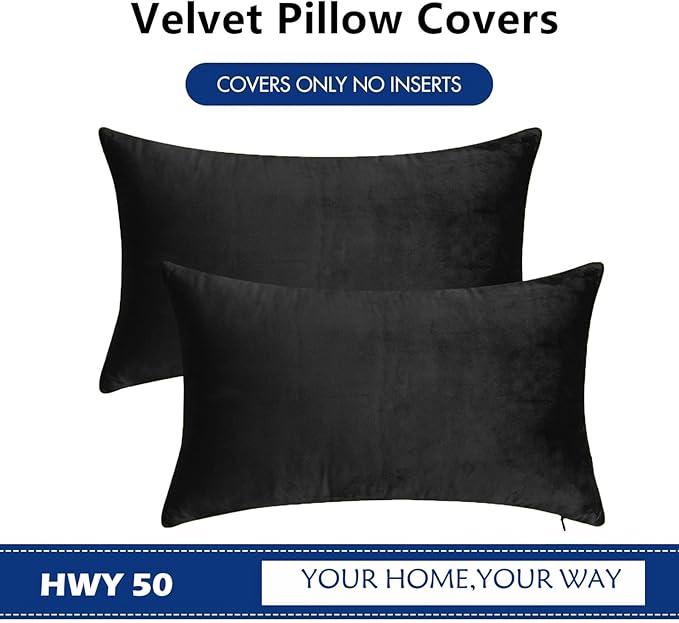 HWY 50 Black Velvet Rectangular Throw Pillow Covers 12x20 Inch - Image 6