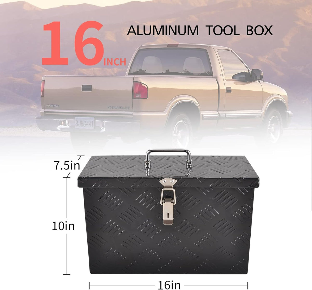 aluminum truck tool box with top handle, black(16"×7.5"×10") shown in use