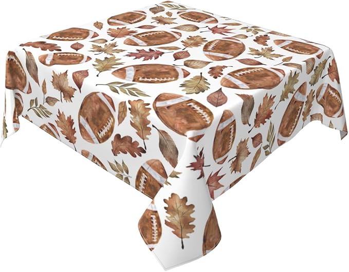 Fall Tablecloth Square 60×60 Inch, Football Maple Leaf Decor Print Tablecloth by QANOK