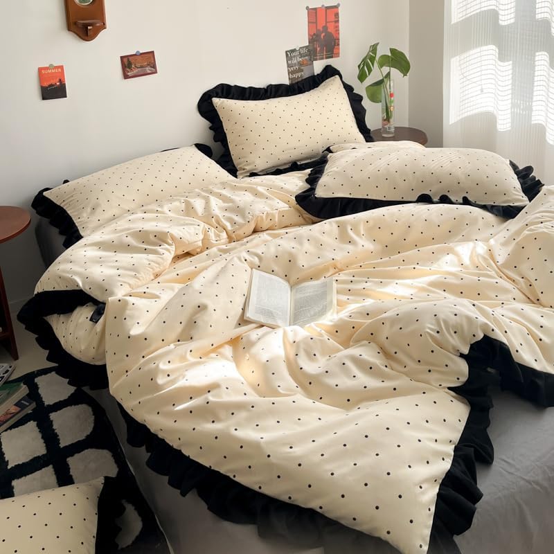 INFLAG Ruffle Duvet Cover 100% Washed Cotton Vintage Bow Duvet Cover with Zipper Ties, Soft Farmhouse Flower Bedding Set (02,Full/Queen 80"x90")