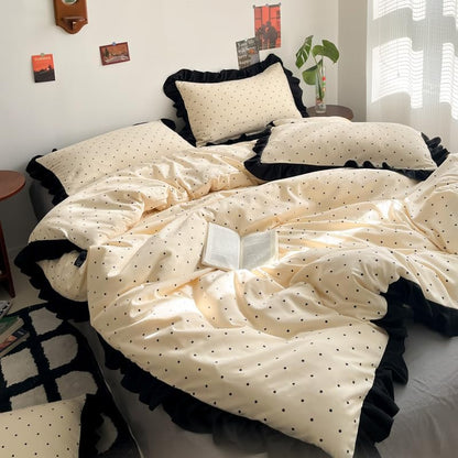 INFLAG Ruffle Duvet Cover 100% Washed Cotton Vintage Bow Duvet Cover with Zipper Ties, Soft Farmhouse Flower Bedding Set (02,Full/Queen 80"x90")