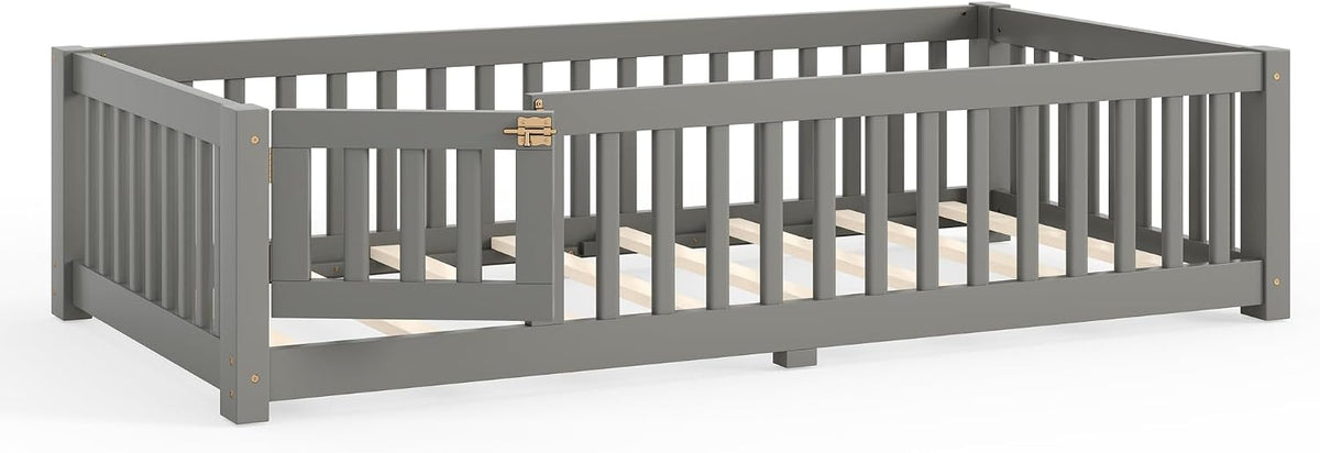 twin size montessori floor bed with door, slats, view 9
