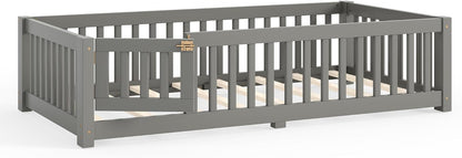 twin size montessori floor bed with door, slats, view 9