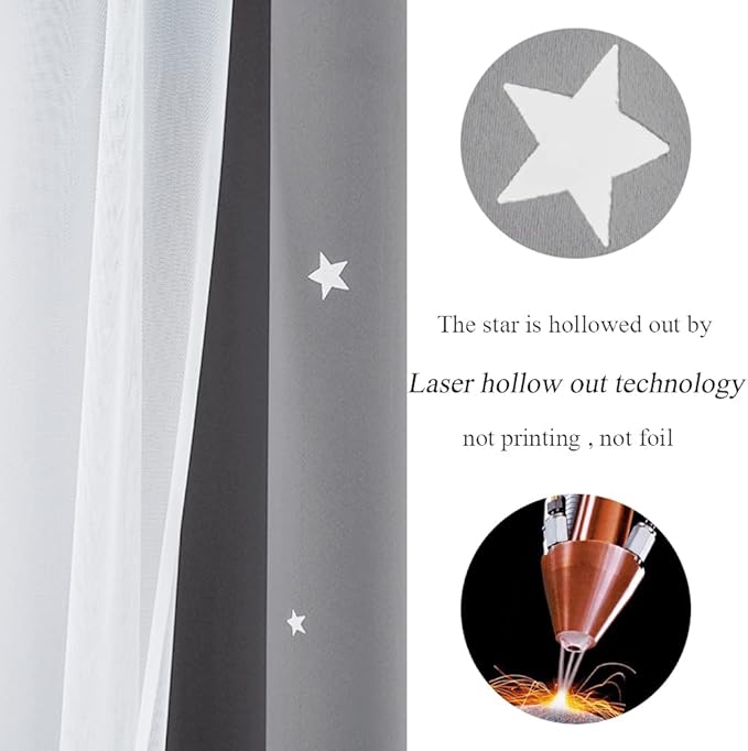 Kinryb Silver Grey 42W x 84L Star Cut-Out Blackout Curtains Decorative - Image 8