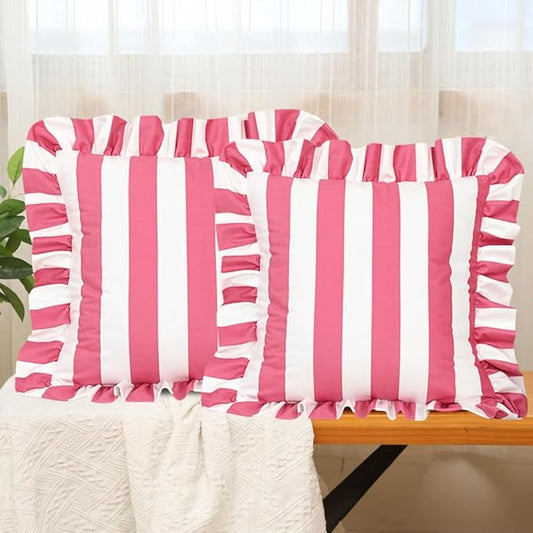 vctops Ruffle Square Throw Pillow Covers Boho Pink and White Striped Decorative by vctops