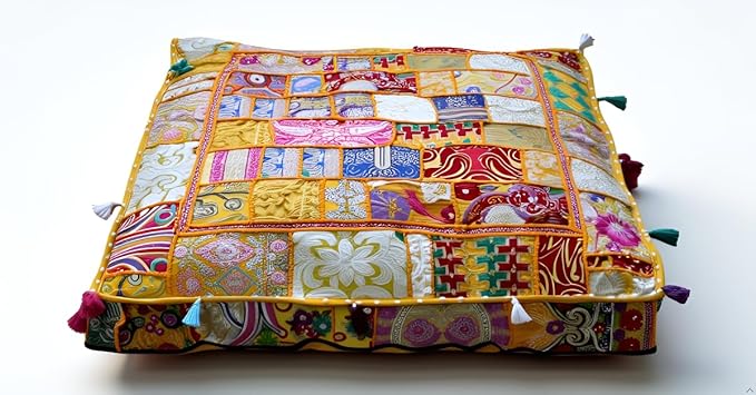 CRAFT KALA Indian Square Patchwork Traditional Pouf Cover Indian Living Room by CRAFTKALA