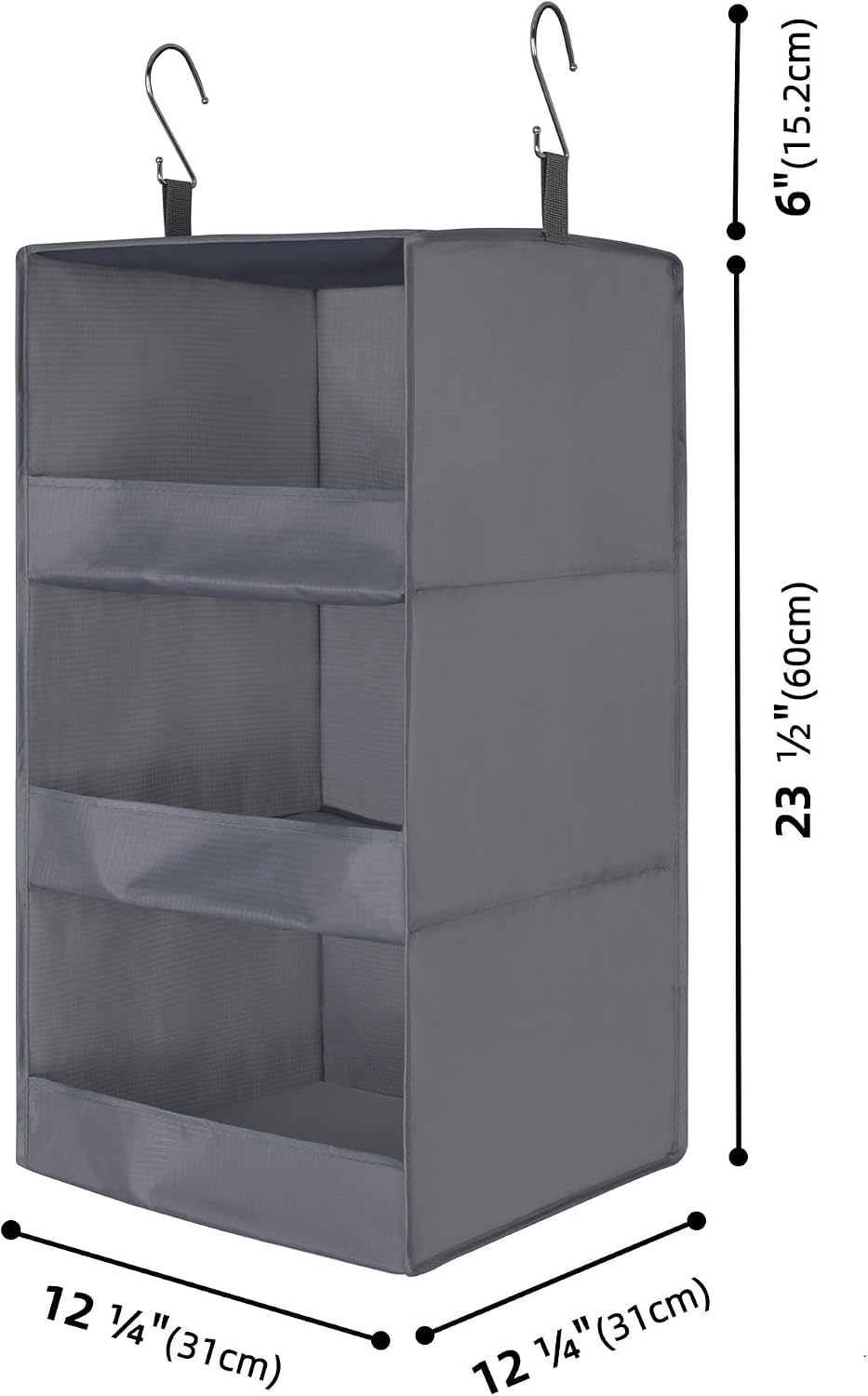 granny says 3-shelf hanging closet organizer, foldable storage, close-up detail