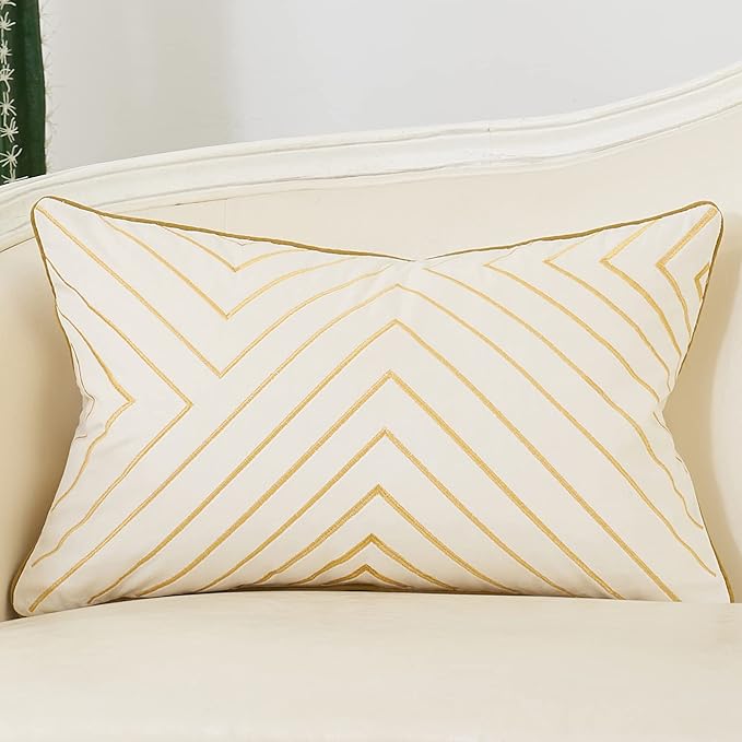 Avigers 12 x 20 Inch White Gold Striped Geometric Lines Embroidery Velvet by Avigers