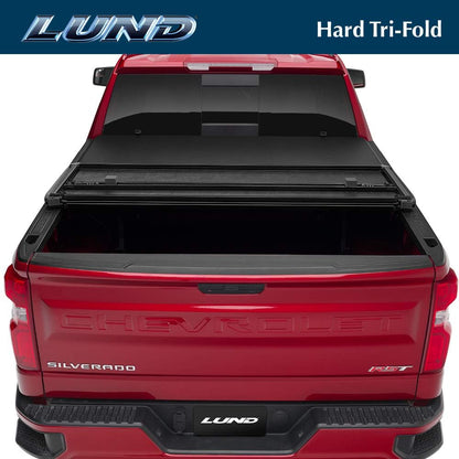 lund hard tri-fold hard folding truck bed tonneau showing dimensions