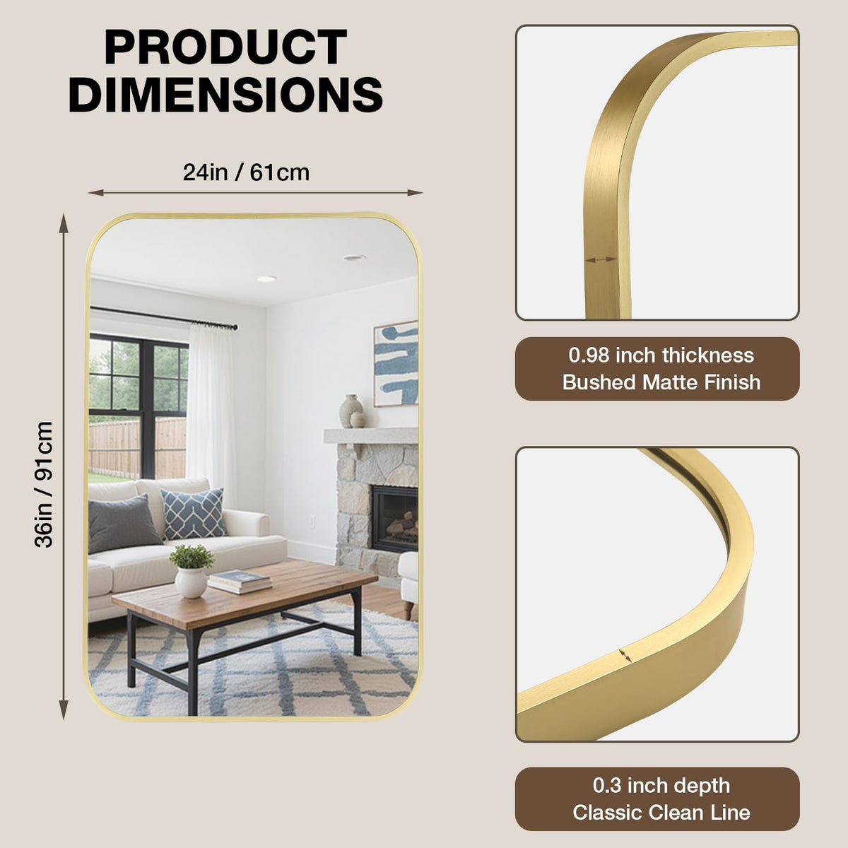 24"x36" bathroom mirror for over sink, brushed gold showing dimensions