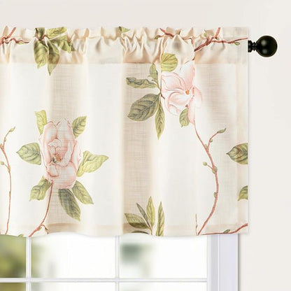 Leeva Pink Floral Printing Kitchen Curtain Valances, Rod Pocket Light Filtering by Leeva
