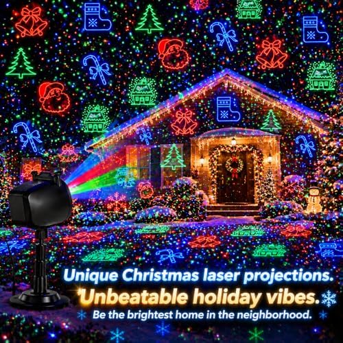 Outdoor Laser Projector Lights, RGB Firefly Light Show for Backyard Parties & Gatherings, IP65 Waterproof, 270° Adjustable, 10 Color Modes + 3 Changeable Holiday Cards(Halloween/Snowflake/Christmas)