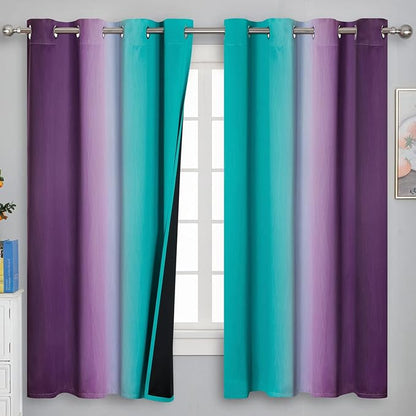 Teal and Purple Gradient Curtains 63 Inch Length 2 panels, Ombre and Wavy Line by ESTELARTEXTILER