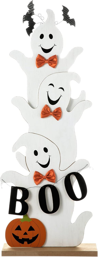 Glitzhome 37.5'H Halloween Wooden Stacked Ghost Porch Sign, Farmhouse Ghost Standing Decor with Base, Rustic Welcome Sign for Home Party Decor