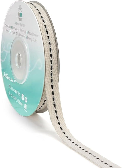 CT CRAFT LLC Ivory Cotton Black Stitched Ribbon 3/8" x 10 Yards by CTCRAFTLLC