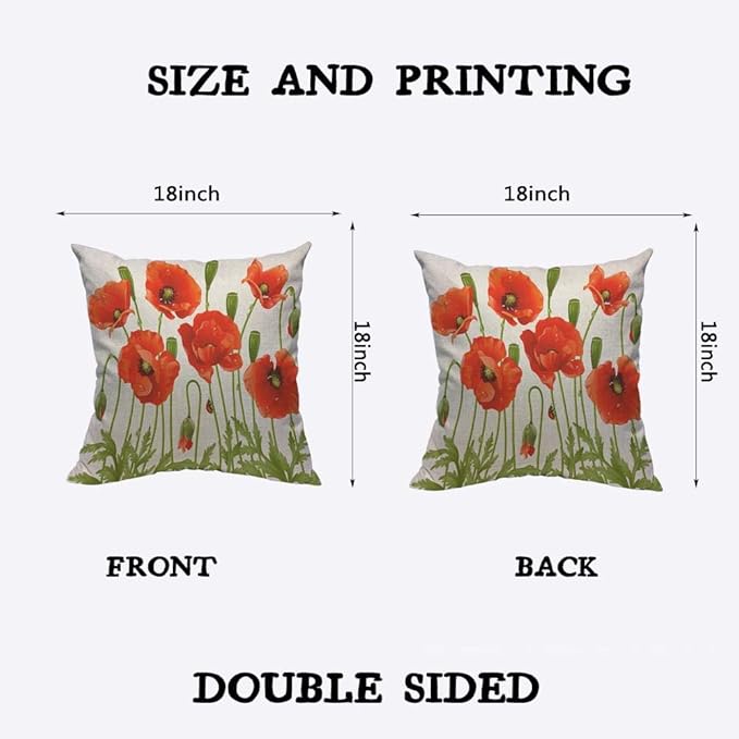 TKS MITLAN Red Poppy Pillow Covers 18 x 18 Inch Spring Flowers Rustic Linen - Image 2