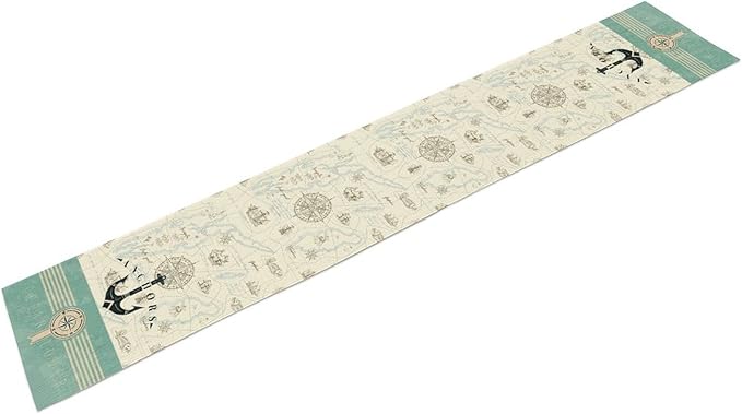 Nautical Table Runner, Retro Coastal Ship Anchor Treasure Map Compass Vintage - Image 6