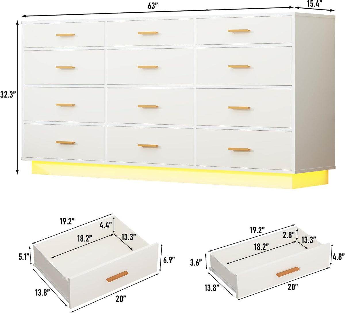 12 drawers dresser w/power outlets for bedroom, 63inch on a desk or shelf