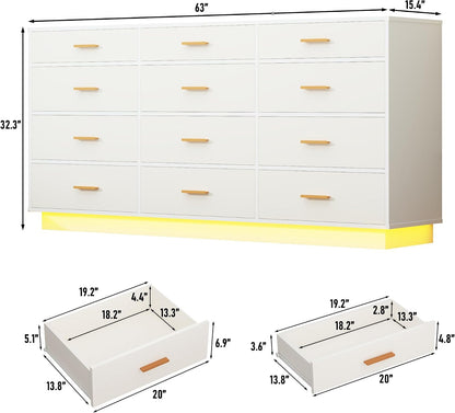 12 drawers dresser w/power outlets for bedroom, 63inch on a desk or shelf