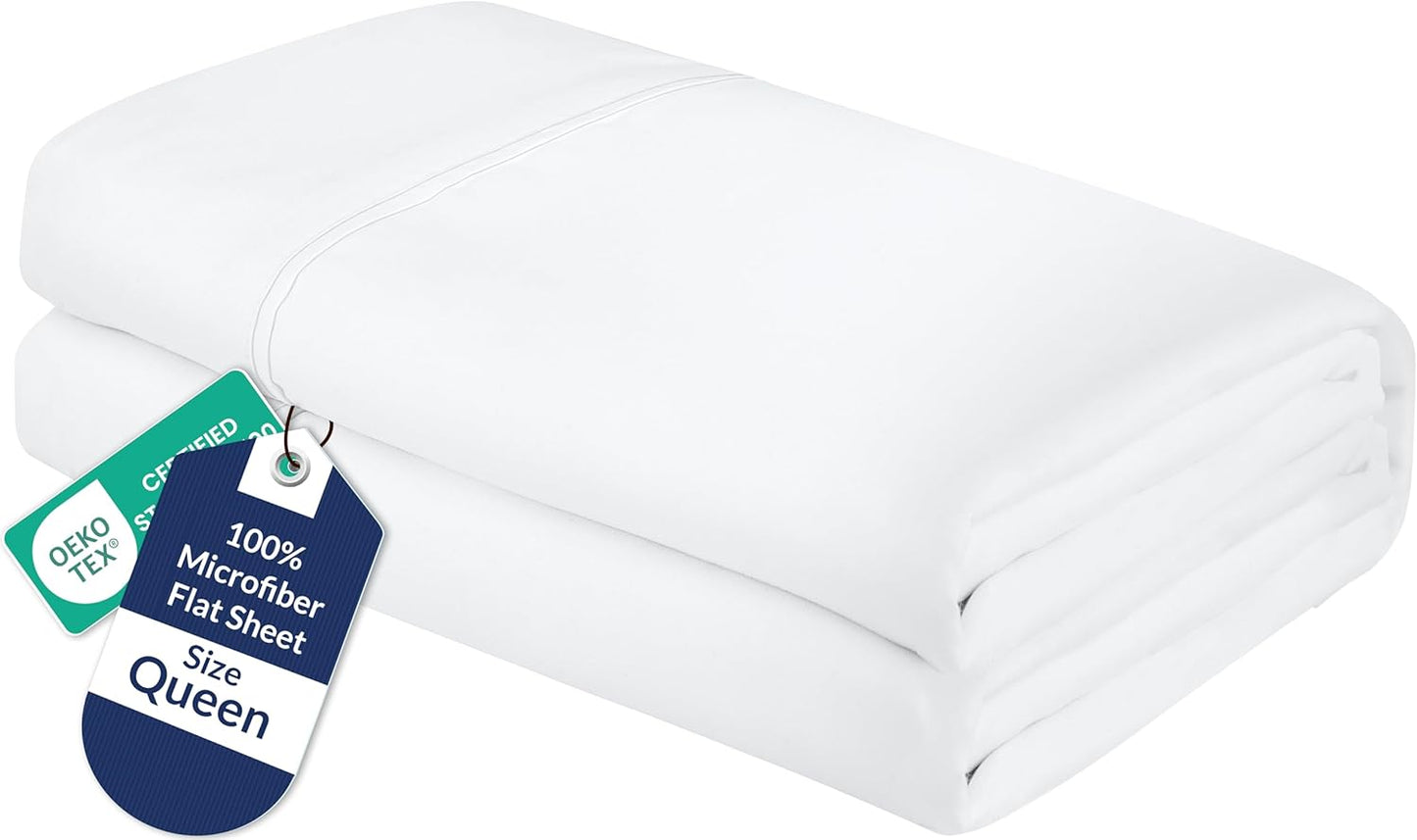 Royale Linens Queen Flat Sheet - Ultra Soft Brushed 1800 Microfiber Flat Sheets Only - Wrinkle Free & Stain Resistant - Hotel Quality Top Sheet for Bed (Queen, White)