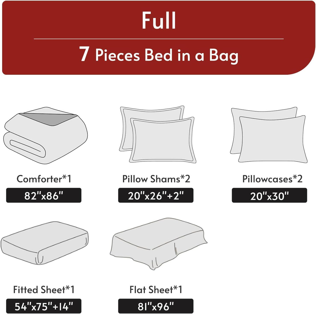 muxhomo full comforter set 7 pieces, reversible bed showing dimensions
