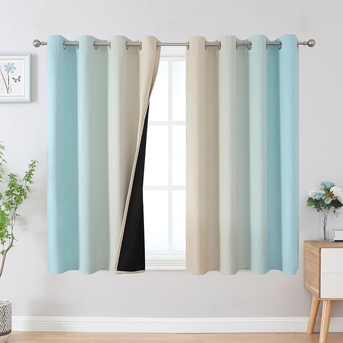 Estelar Textiler Aqua and Beige Ombre Blackout Curtains 45 Inch Length by ESTELARTEXTILER