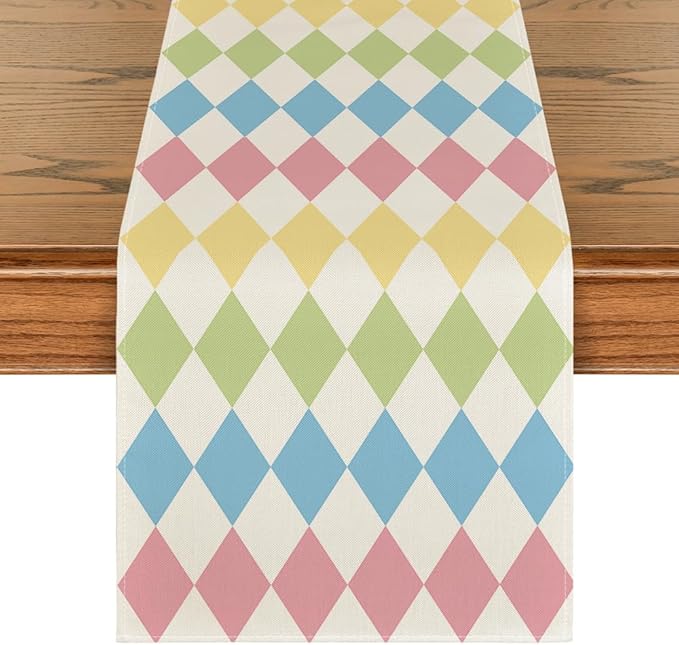 Artoid Mode Diamond Plaid Pink Blue Easter Table Runner, Seasonal Spring Summer by ArtoidMode
