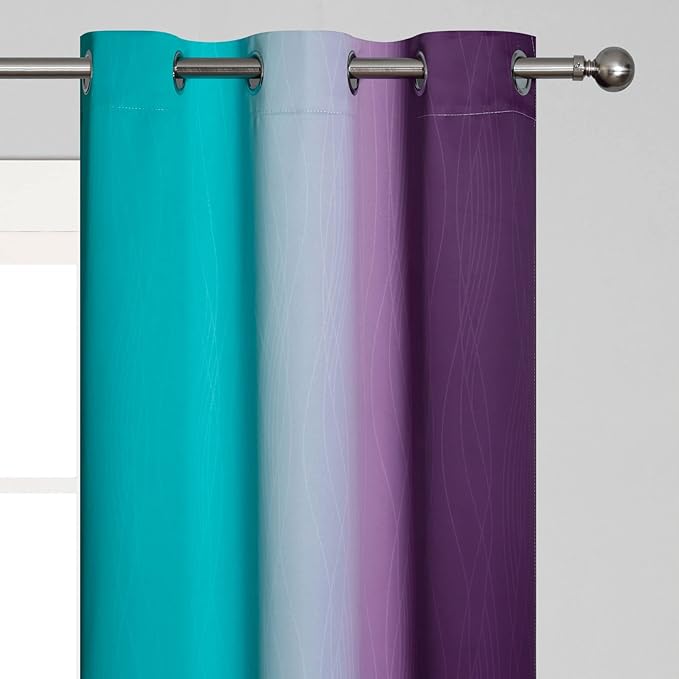 Teal and Purple Gradient Curtains 63 Inch Length 2 panels, Ombre and Wavy Line - Image 4