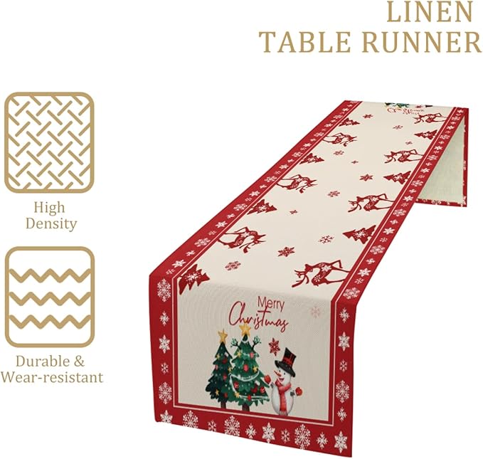 Merry Christmas Elk Deer Table Runner, Snowman Linen Table Runners, Snowflake - Image 4