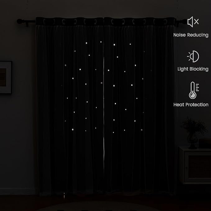 Light Gray Curtains for Kids Bedroom Nursery Decor Star Cutout Double Layer - Image 6