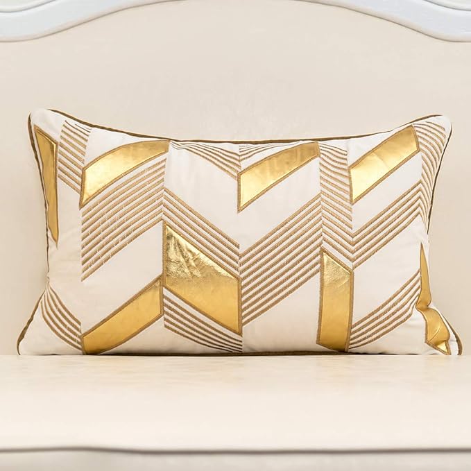 Alerfa 12 x 20 Inches White Geometric Gold Leather Striped Cushion Cases by Alerfa