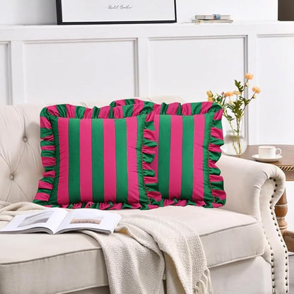 vctops Ruffle Square Throw Pillow Covers Boho Pink and Green Striped Decorative - Image 2