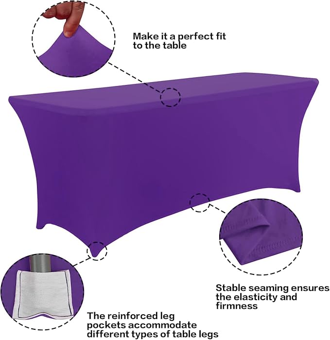 IVAPUPU 2 Pack 8FT Table Cloth for Rectangular Fitted Events Stretch Purple - Image 3