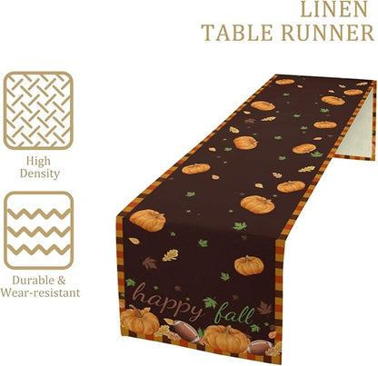 Happy Fall Pumpkin Table Runner, Linen Farmhouse Fall Table Runners, - Image 3