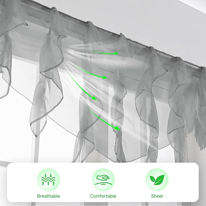 PearAge Ruffled Voile Semi Sheer Curtain Valance, Kitchen Living Room Shabby - Image 3